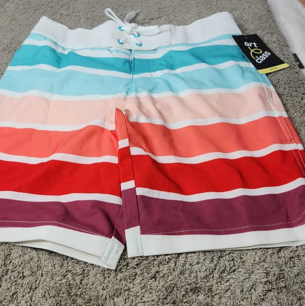 Boys' Striped Swim Shorts -art class Green/Red UPF50+, Adjustable Waistband 8